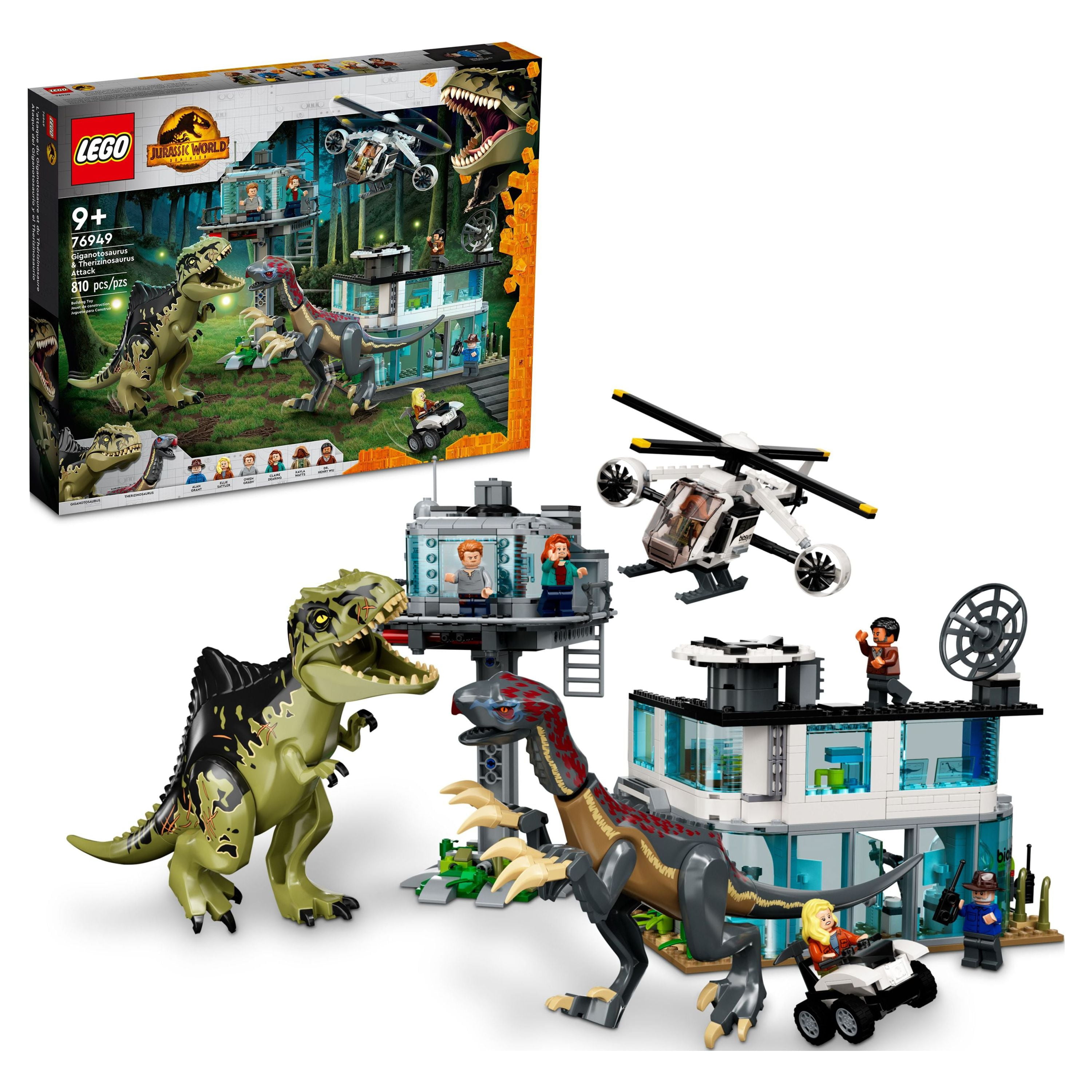 LEGO Jurassic World Giganotosaurus & Therizinosaurus Attack 76949 with 2  Dinosaur Toy Figures, ATV Car, Helicopter & Garage, Gifts for Kids, Boys  and
