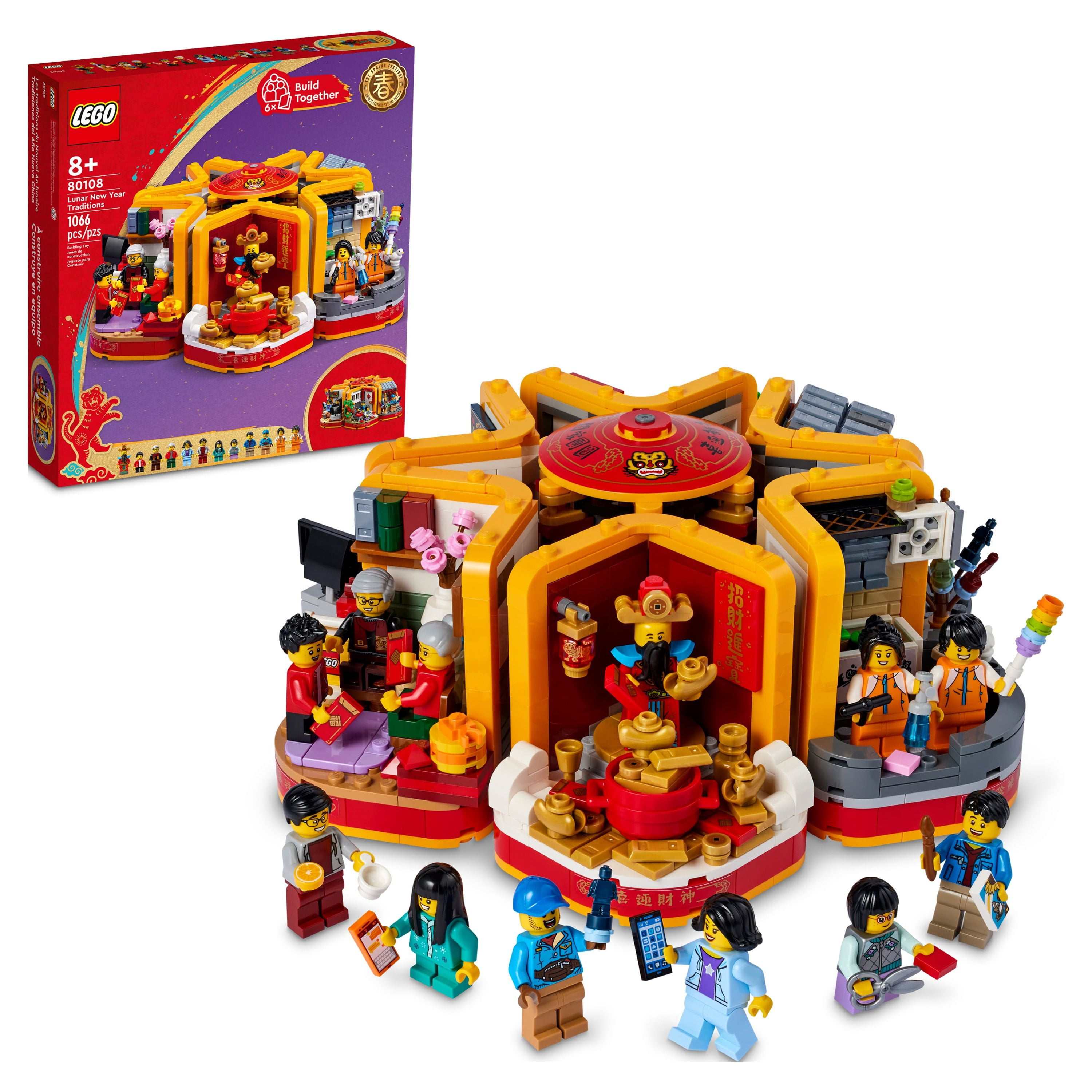 LEGO Lunar New Year Traditions 80108 Building Kit; Gift Toy for Kids Aged 8 and Up; Building Set Featuring 6 Festive Scenes and 12 Minifigures, Including the God of Wealth (1,066 Pieces)