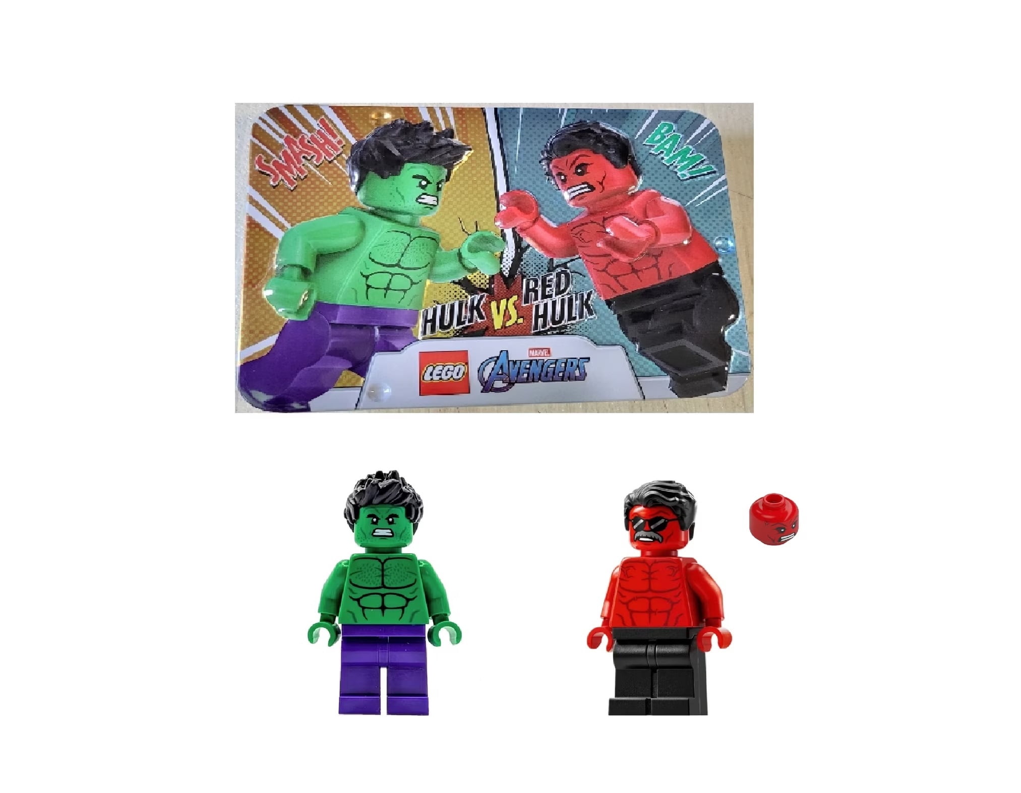LEGO Marvel Superheroes Green Hulk vs Red Hulk Minifigures in Collectible Tin