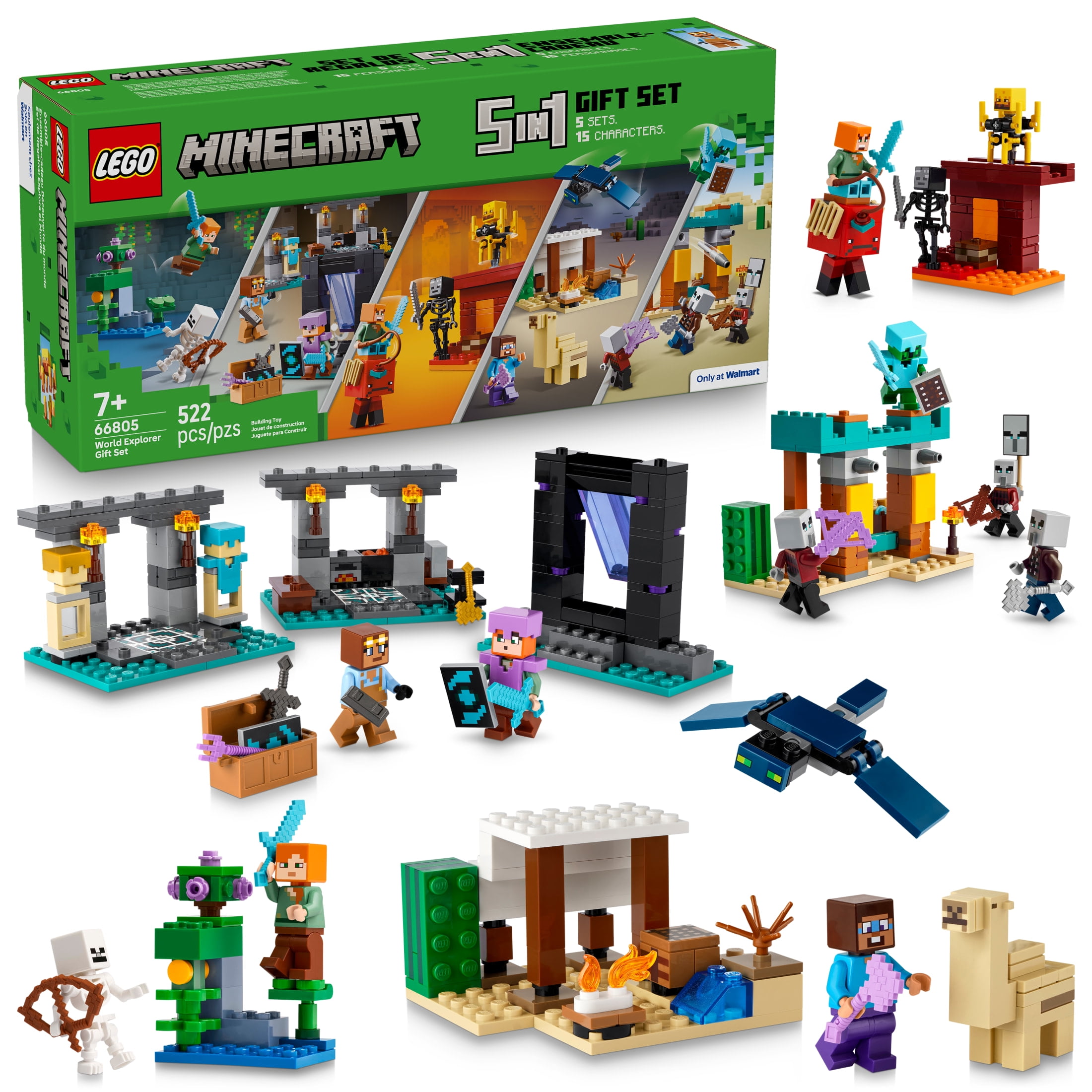 LEGO Minecraft Gift Set - 5 epic sets with 15 characters in 1 Box: Steves Desert Expedition, The Armory, The Nether Lava Battle, The Illager Desert Patrol, and The Lush Cave Fight - 66805