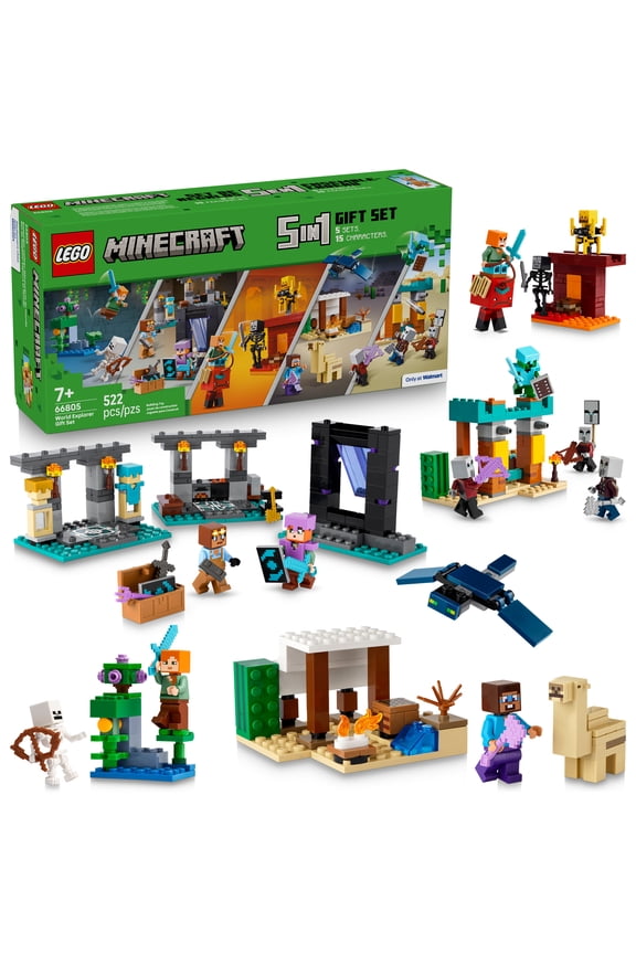 Minecraft Gift Set - 5 epic sets with 15 characters in 1 Box: Steves Desert Expedition, The Armory, The Nether Lava Battle, The Illager Desert Patrol, and The Lush Cave Fight - 66805