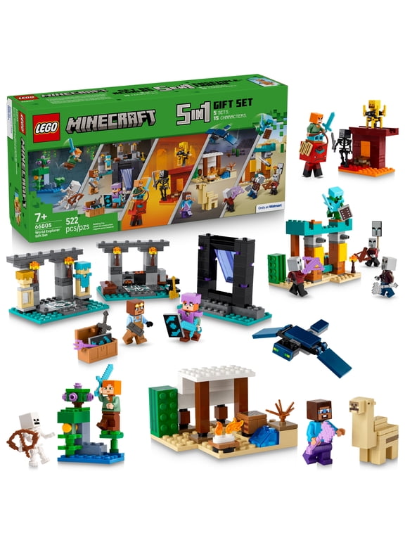 Minecraft Gift Set - 5 epic sets with 15 characters in 1 Box: Steves Desert Expedition, The Armory, The Nether Lava Battle, The Illager Desert Patrol, and The Lush Cave Fight - 66805