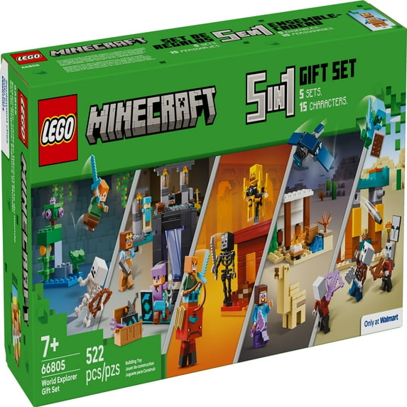 LEGO Minecraft Gift Set - 5 epic sets with 15 characters in 1 Box: Steve’s Desert Expedition, The Armory, The Nether Lava Battle, The Illager Desert Patrol, and The Lush Cave Fight - 66805