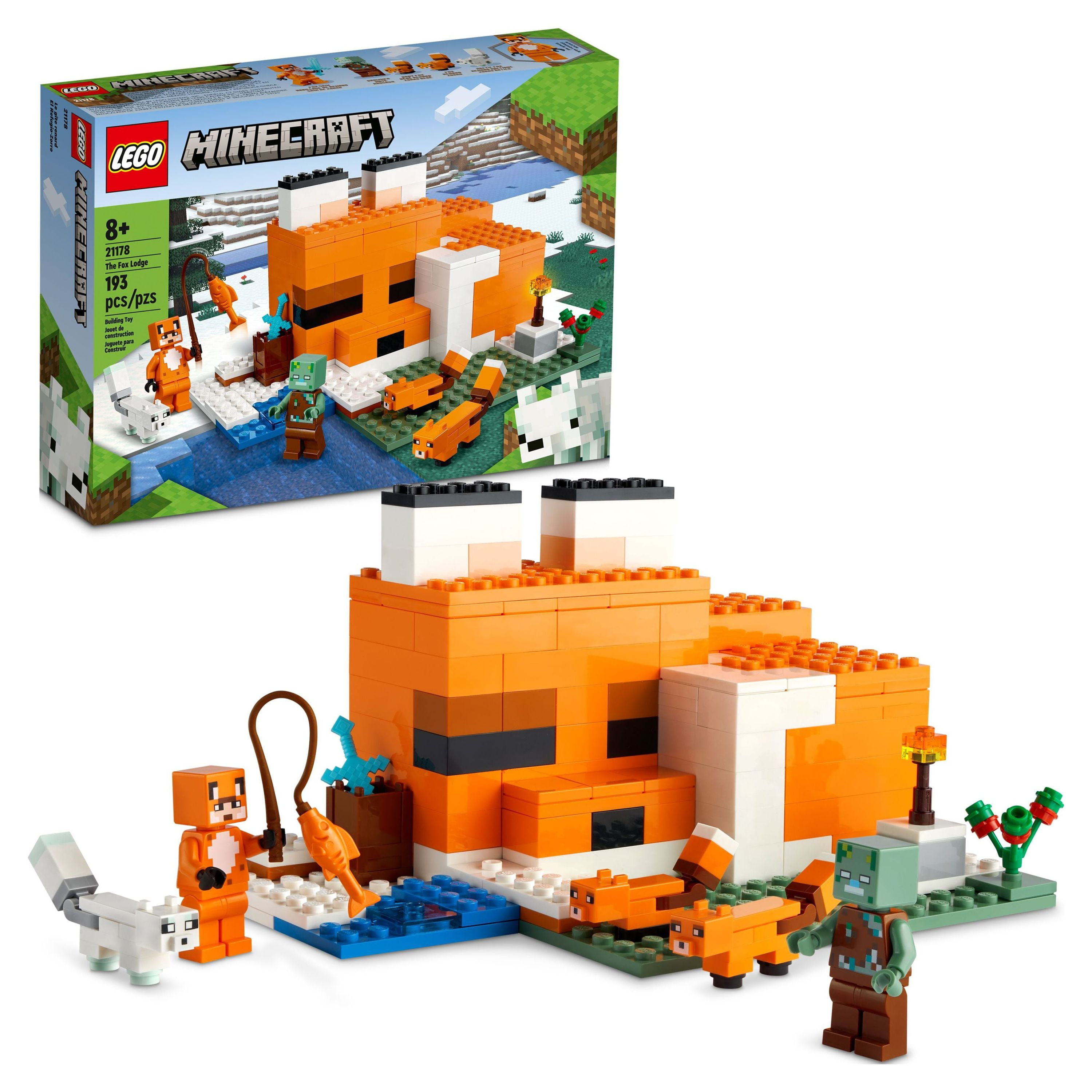 LEGO Minecraft The Fox Lodge House 21178 Animal Toys with Drowned Zombie  Figure, Birthday Gift for Grandchildren, Kids, Boys and Girls Ages 8 and Up