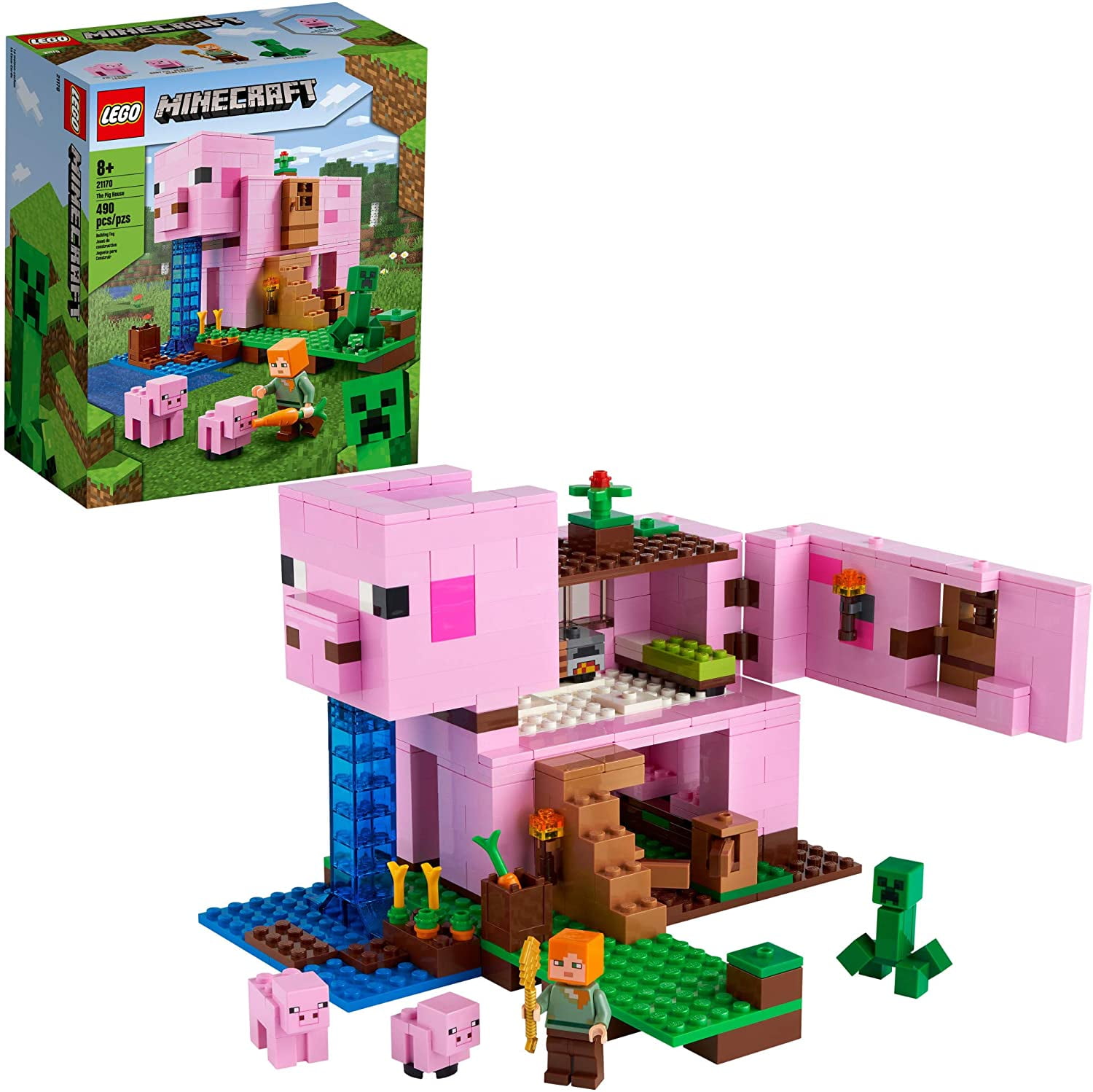 LEGO Minecraft The Pig House, 21170 with Alex, Creeper and 2 Pig Figures, Animal Building Toy, Ages 8+