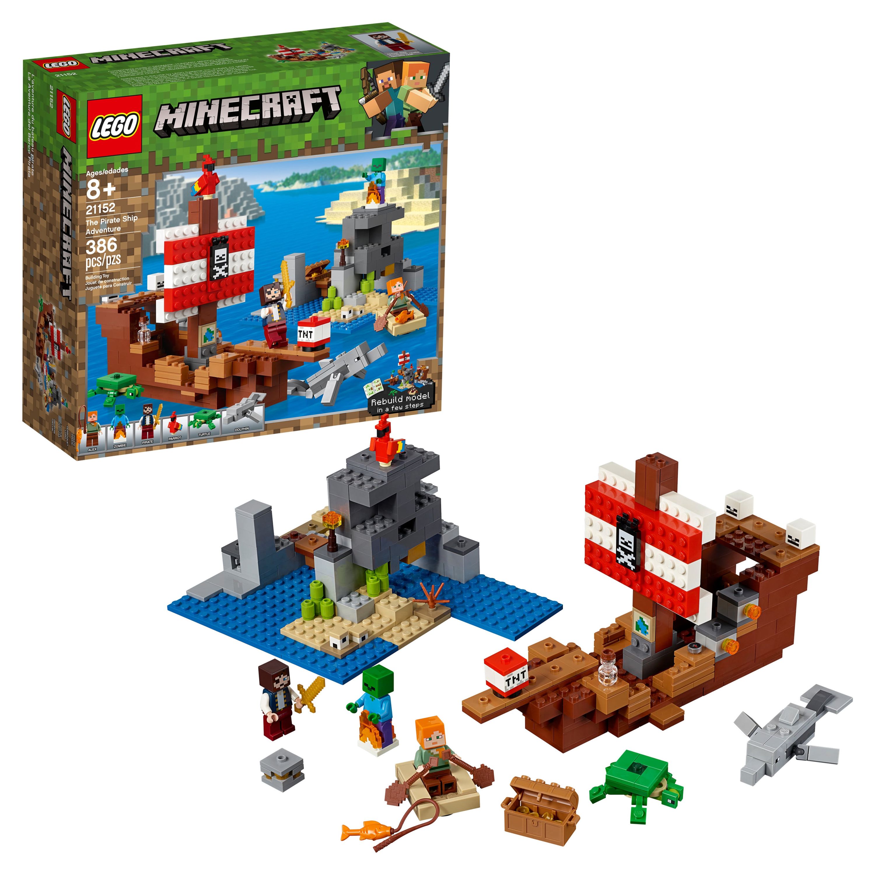 LEGO Minecraft The Pirate Ship Adventure 21152 Pirate Ship Boat Shark Treasure Chest Building Toy Kit (386 Pieces) - image 1 of 6
