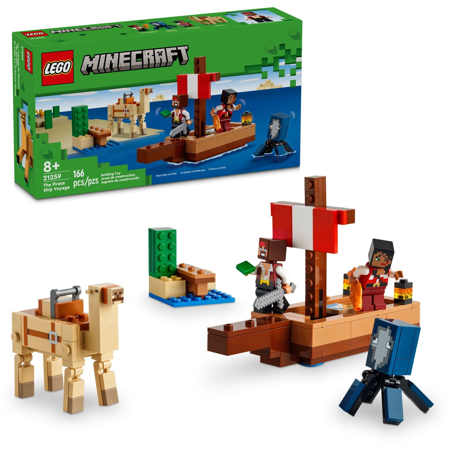 LEGO Minecraft The Pirate Ship Voyage, Boat Toy Playset for Kids with Squid, Camel and Pirate Figures, Pirate Toy Building Set for Action Role-Play, Minecraft Gift for 8 Year Old Boys and Girls, 21259