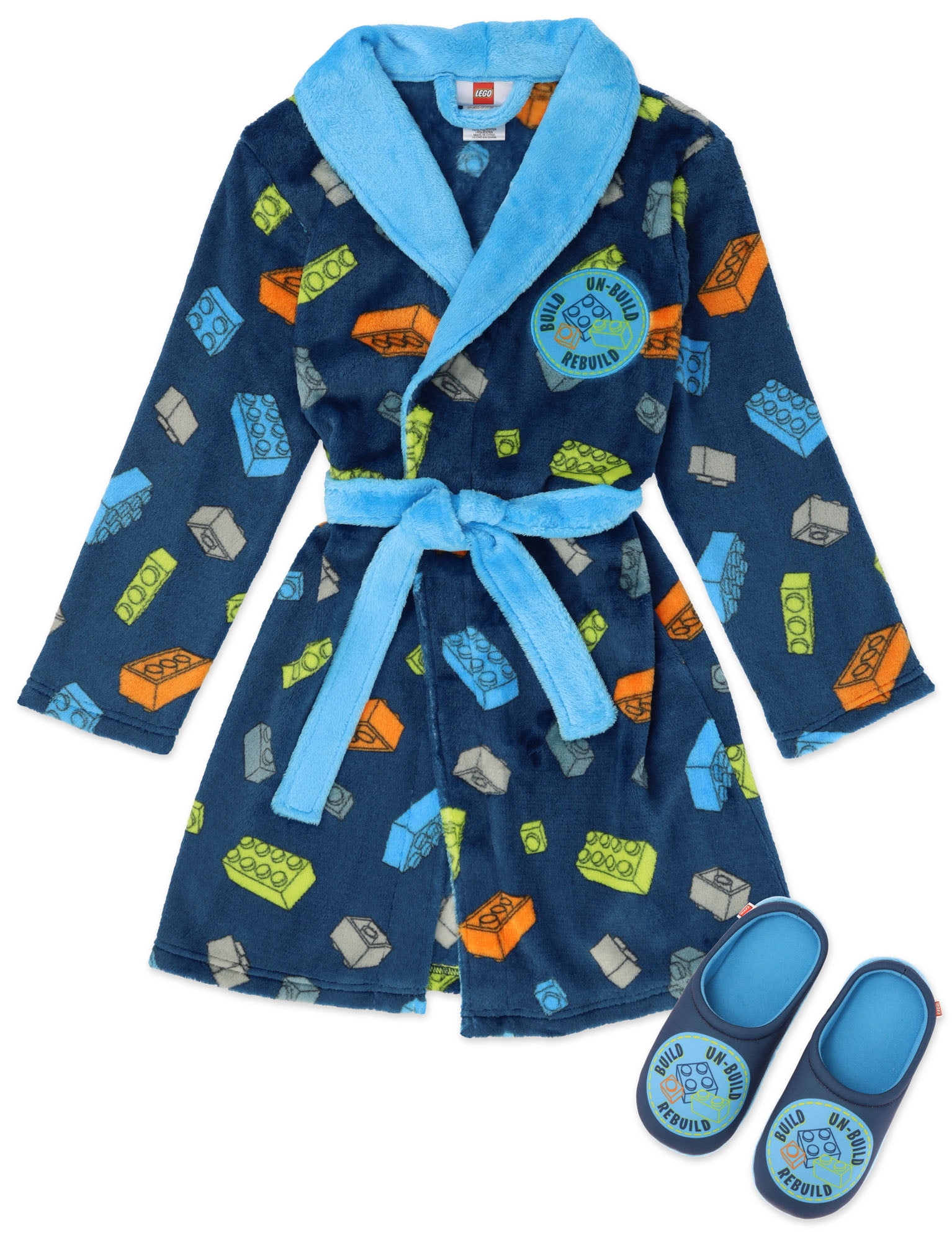 LEGO Pajama Robe for Boys, Sleepwear Robe and Slipper Set, Navy Print