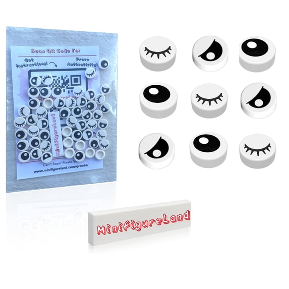 LEGO Parts and Pieces - 50 Pcs Mixed Lot of White 1X1 Tile (Full Eyes, Partially Closed Eyes, and Closed Eyes) Plus Minifigureland Tile