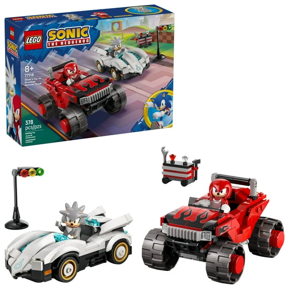 LEGO Sonic the Hedgehog Silver’s Car vs. Knuckles’ Monster Truck Building Toy for Boys & Girls - Racing Playset W/Silver & Knuckles Minifigures for Kids, Ages 8+ - Gift Idea for Birthdays - 77118