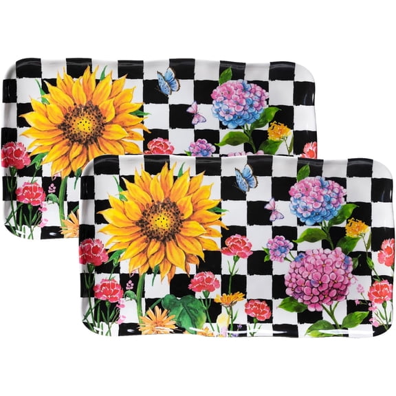 LEHAHA Rectangular Melamine Sunflower Serving Tray, 2-Piece Hydrangea Serving Platter Set, 17.5" x 10" Colorful Trays/Platters Sets for Outdoor and Indoor Dining and Entertaining Parties,Black Plaid