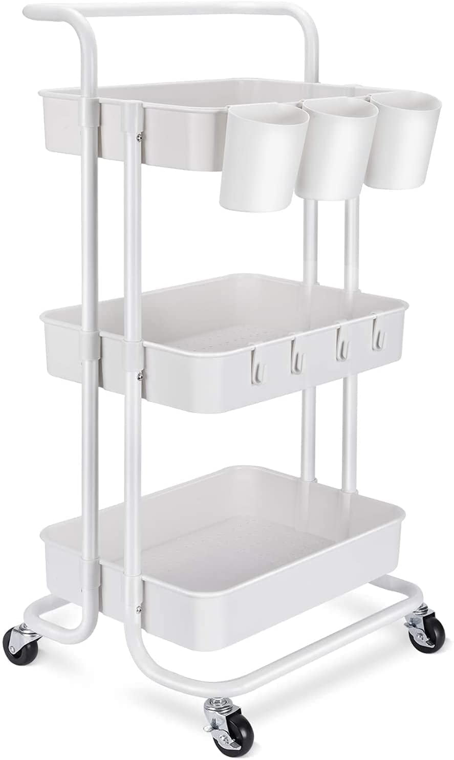 LEHOM 3-Tier Rolling Utility Cart with Hanging Cups & Hooks & Handle,  Plastic Art Cart Organizer Storage with Wheels, Easy Assembly for Office