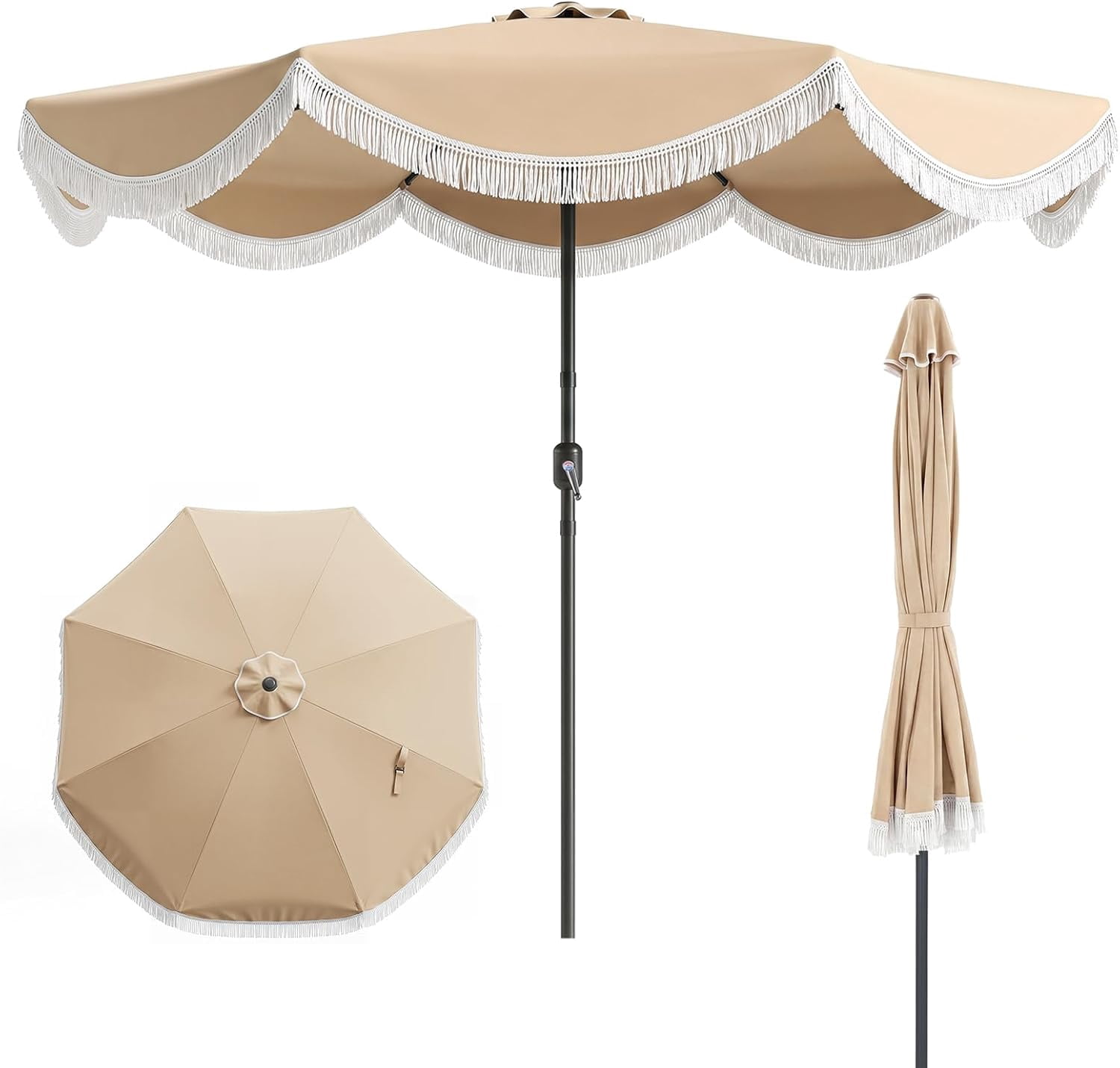 ivory scalloped 9 foot patio umbrella JONATHAN Y Tracy ft. Classic MidCentury Fringe Market with Auto-Tilt Crank Wind Vent and UV Protection in Coral Red/White Stir up some midcentury glamor with this classic scalloped umbrella Chambray & White Cabana Stripe