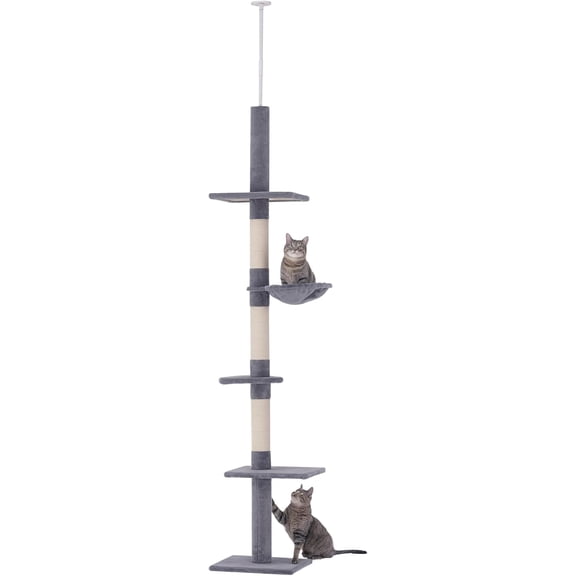 102" Adjustable Height Floor to Ceiling Cat Tree, 5 Level Cat Tower with Scratching Posts, Hammock, Gray