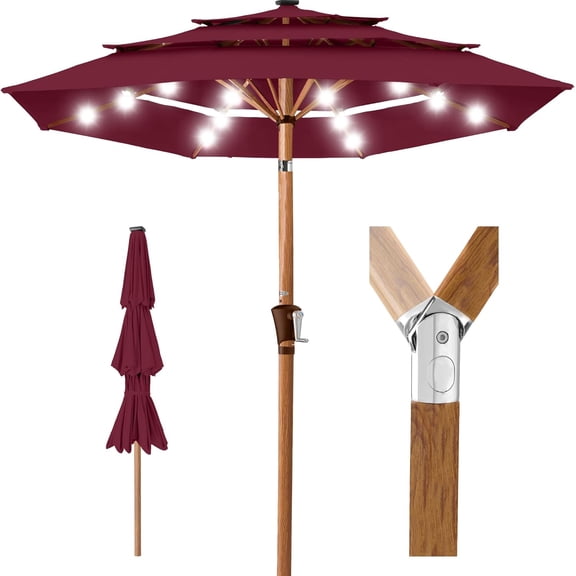 LEHOME 10ft 3-Tier Solar Patio Market Umbrella, Outdoor Sun Shade for Backyard, Deck, Poolside, Table w/Woodgrain Pattern, LED Lights, Tilt Adjustment - Burgundy