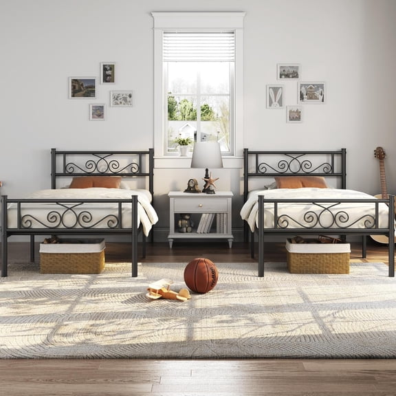 LEHOME 2 Pcs Classic Metal Platform Bed Frame with Headboard and Footboard Flower Design Mattress Foundation Easy Set Up Structure Twin Size Black