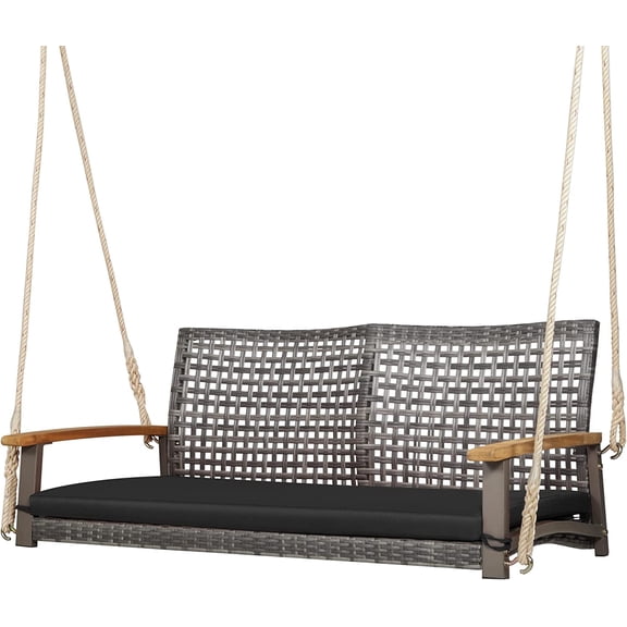 LEHOME 2-Person Outdoor Porch Swing with 118" Hanging Ropes, Patiojoy PE Wicker Patio Hanging Swing Bench with Soft Seat Cushion & 800 Lbs Weight Capacity, Suitable for Patio, Garden (Black)
