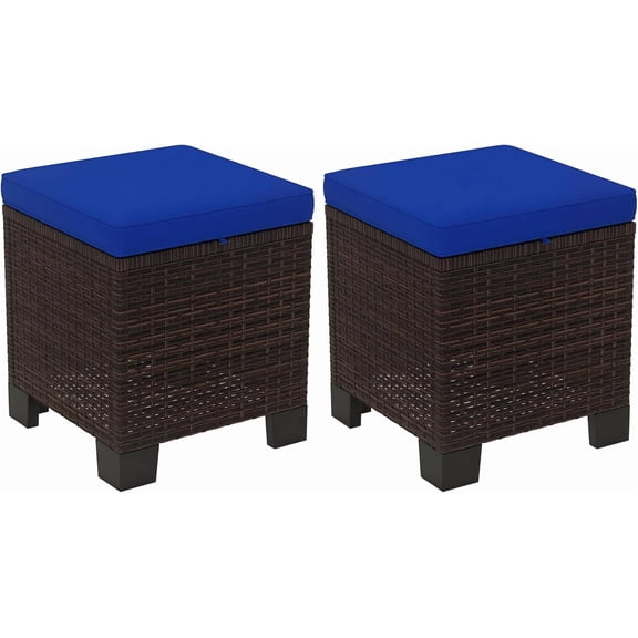 LEHOME 2 Pieces Outdoor Patio Ottomans, All Weather Wicker Footstools with Removable Cushions, 3-in-1 PE Rattan Ottoman Seat, Footrest and Side Table for Backyard, Poolside, Dark Blue