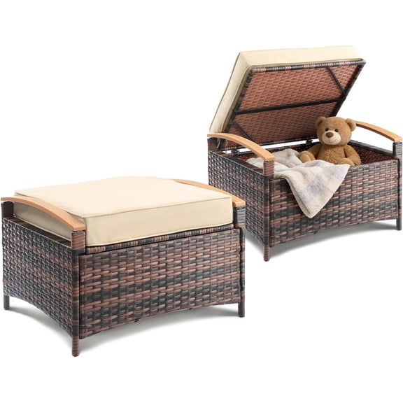 LEHOME 2 Pieces Rattan Ottoman with Storage, Wicker Patio Furniture w/Removable Cushion, Multipurpose Footrest Stool for Outdoor (Brown)
