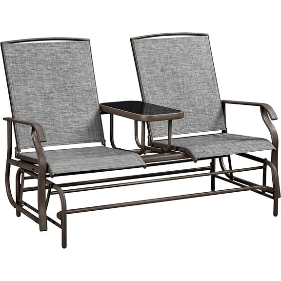 LEHOME 2-Seat Outdoor Glider with Center Table, Patio Rocking Loveseat with Breathable Mesh Sturdy Metal Frame for Garden Pool Lawn, Gray
