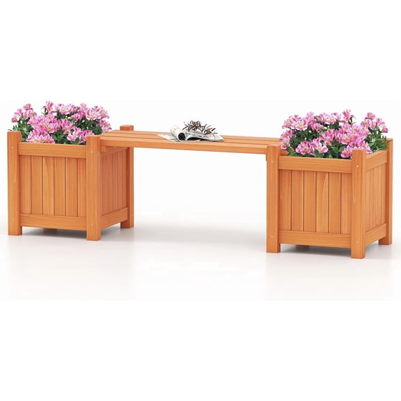LEHOME 2-in-1 Outdoor Bench with 2 Raised Garden Beds, Wood with Teak Oil Finish, Garden Bench Seat with Planter Boxes for Porch Balcony Lawn Yard, DIY Assembly, 42"x11"x11.5"