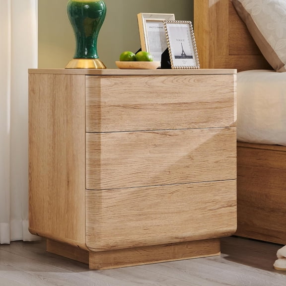 LEHOME 22" Modern Nightstand with Charging Station, Push-to-Open Handleless 3-Drawer Bedside Table, Large End Table with Storage, Night Stand for Bedroom, Living Room, Curved Profile, Natural Oak