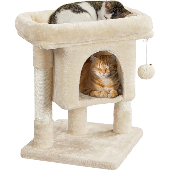 LEHOME 23.5in Low Cat Tree for Senior Cats, Sturdy 3-Level with Large Top Perch, Condo & Sisal Scratching Posts, Space-Saving for Apartments, Beige