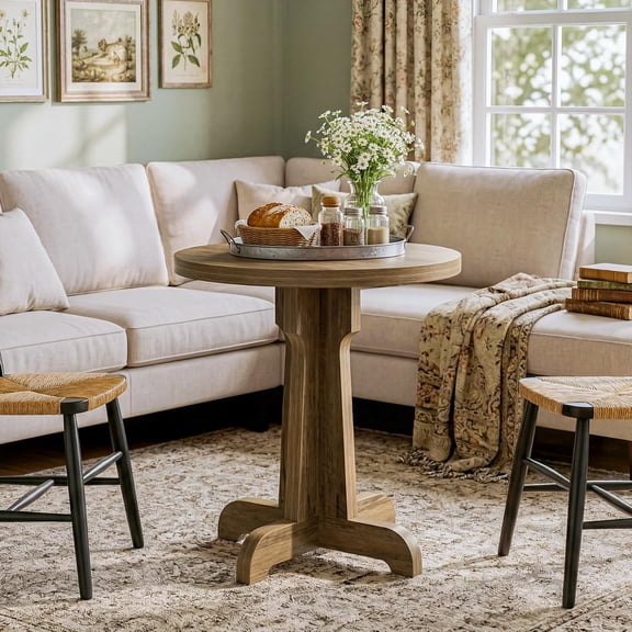 LEHOME 23.6" Small Round Dining Table, Modern Farmhouse Circle Dinner Table for 2, Space-Saving, for Dining Room, Bar, Cafe, Small Apartment, Brown