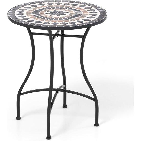 LEHOME 24 Inch Patio Bistro Table, Mosaic Round Table w/Ceramic Tile Tabletop, Heavy-Duty Metal Structure, Outdoor Dining Table for Backyard, Garden, Porch (Black (Star Pattern))