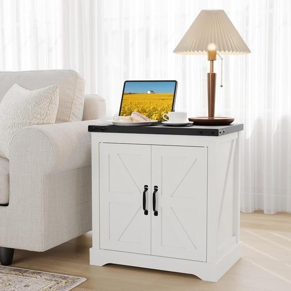 LEHOME 24" White Farmhouse Side Table with USB Charging Station, Large Storage Cabinet & Sliding Barn Door, Rustic End Table or Nightstand for Living Room, Bedroom