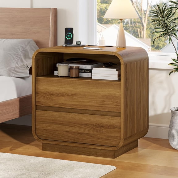 LEHOME 25" Tall Modern Nightstand with Charging Station, 23.6" Wide Wood Bedside Table w/2 Storage Drawers, Curved Profile Design, Large Mid Century End Table for Bedroom, Living Room, Walnut