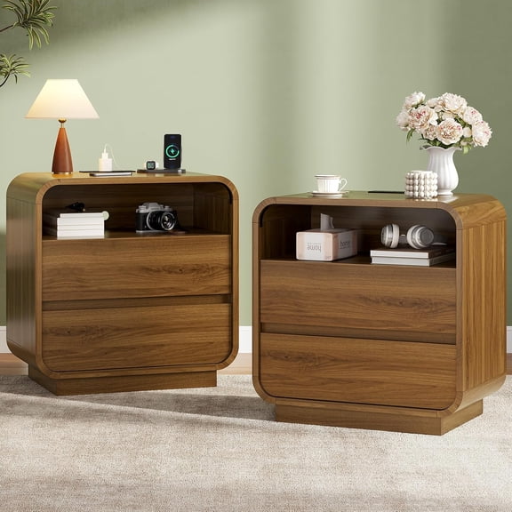 LEHOME 25" Tall Modern Nightstand with Charging Station, 23.6" Wide Wood Bedside Table w/2 Storage Drawers, Curved Profile Design, Large Mid Century End Table for Bedroom, Living Room, Walnut