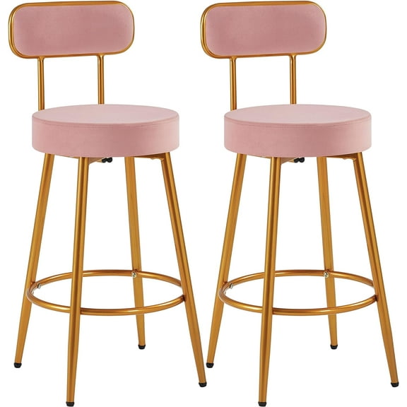 LEHOME 26'' Velvet Bar Stools Counter Height for Kitchen Counter with Backrest and Footrest Modern Gold Barstools Upholstered Bar Height Stools, Pink, Set of 2