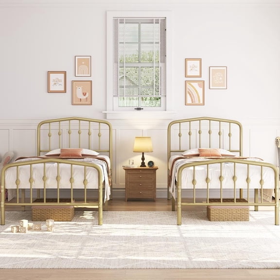 LEHOME 2pcs Twin Bed Frames Metal Platform Bed with Victorian Style Iron Headboard and Footboard/Easy Assembly/No Box Spring Needed/Antique Gold Twin Bed
