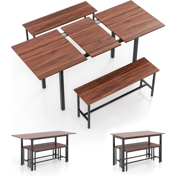 LEHOME 3-Piece Dining Table Set for 4-8, 63 Extendable Dining Table with 2 Benches, Metal Frame, Dinette Table Set for Dinner, Breakfast Nook, Kitchen, Living Room, Restaurant, Walnut