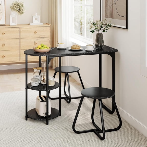 LEHOME 3-Piece Dining Table Set, Modern Kitchen Table and 2 Stools with 2-Tier Storage Shelves and Metal Frame, Space Saving Wooden Dinette Set for Living Room, Breakfast Nook, Black
