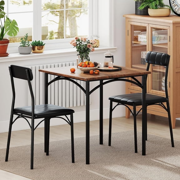 LEHOME 3-Piece Dining Table Set, Square Kitchen Table & 2 Chairs with PU Leather Upholstered Seats & Backrests, Metal Legs, Space Saving Dinette Set for Dining Room, Breakfast Nook