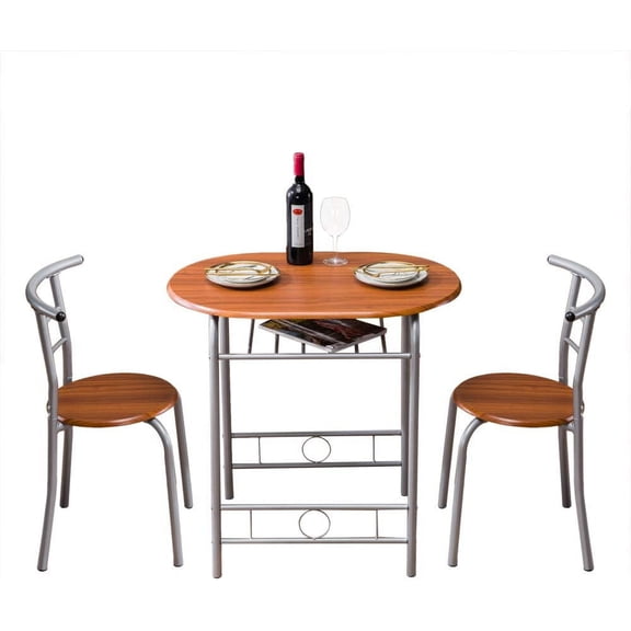 LEHOME 3 Piece Small Dining Table Set for 2, Oval Coffee & Breakfast Nook Table with 2 Chairs, Kitchen Set with Shelve, for Small Places, Apartment, Bistro, Wooden & Mental, Orange Brown