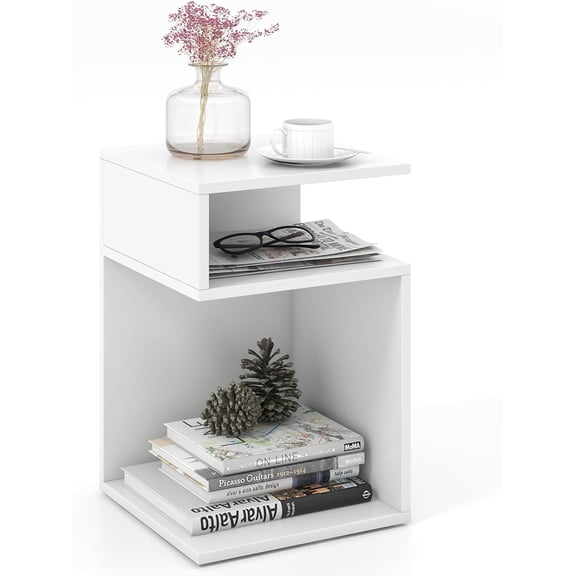 LEHOME 3-Tier Side Table, S-Shaped End Table with 2 Open Storage Compartments, Wood Narrow Bedside Table, Modern Nightstand for Bedroom, Living Room, Small Spaces, Easy Assembly, White