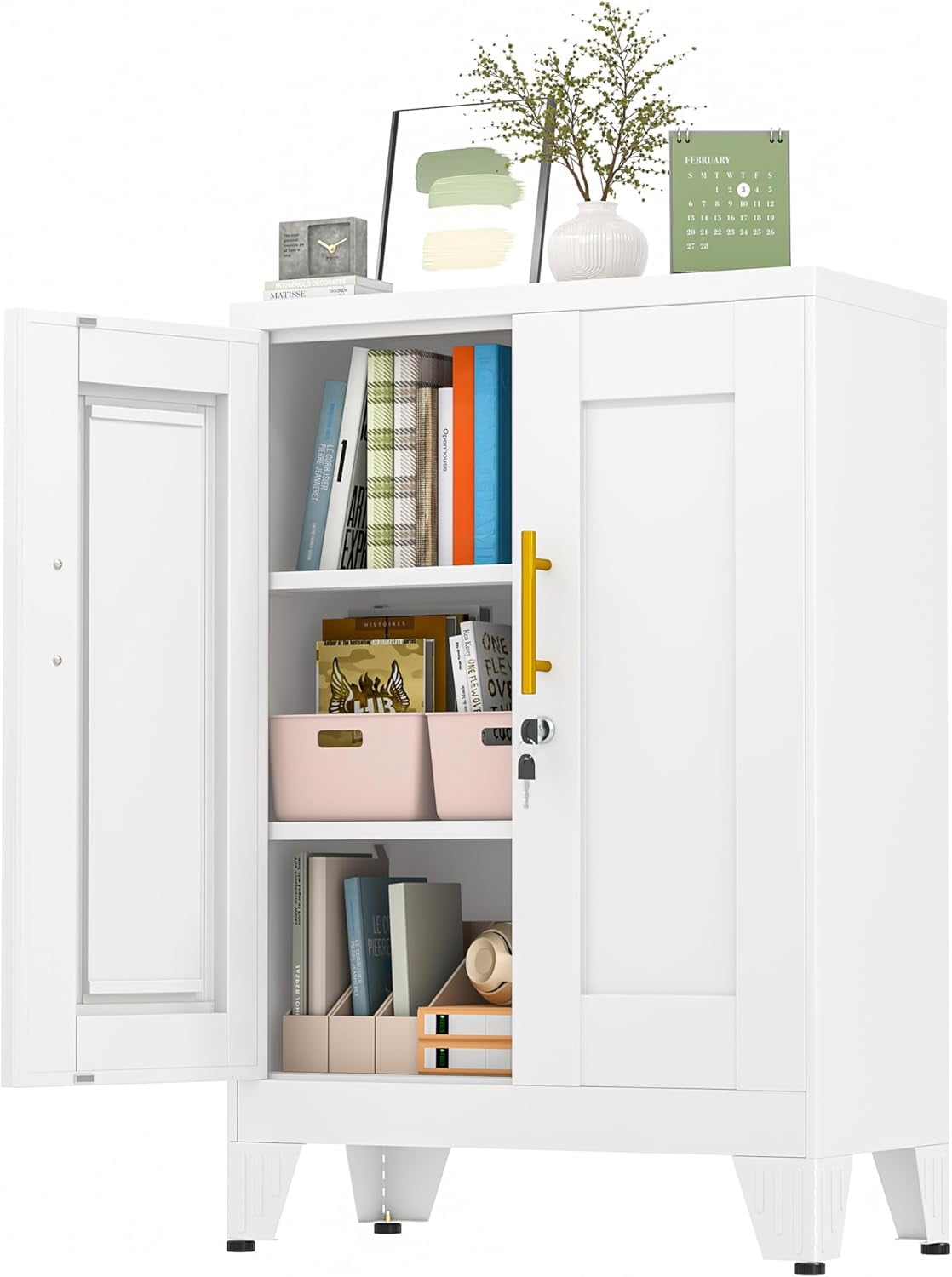 LEHOME 36" White Floor Storage Cabinet, Locked Metal Storage Cabinets with 2 Doors and 2 Adjustable Shelves, Sideboard Buffet Cabient, Freestanding Cabinet for Home/Office/Garage/Tool Room/Bathroom