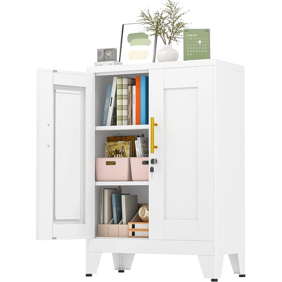 36" White Floor Storage Cabinet, Locked Metal Storage Cabinets with 2 Doors and 2 Adjustable Shelves, Sideboard Buffet Cabient, Freestanding Cabinet for Home/Office/Garage/Tool Room/Bathroom
