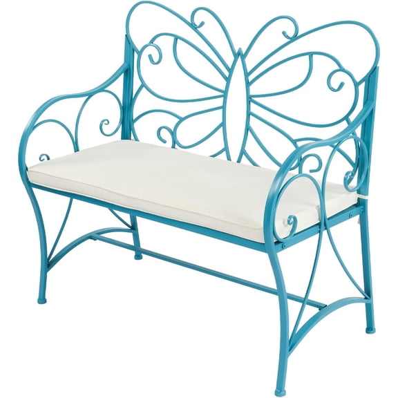LEHOME 38.7in Cast Iron Outdoor Bench with Cushion, All Weather Resistant Metal Bench with Curved Armrests and Butterfly Pattern Backrest, 1-2 Person Patio Bench for Garden Porch Park Yard (Blue