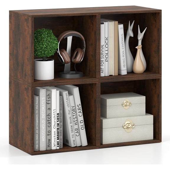 LEHOME 4-Cube Bookcase, Stackable Cube Storage Organizer w/Open Bookshelf, Wooden Display Shelving Unit for Small Space, DIY Modular Cubby Storage System for Home, Study, Rustic Brown