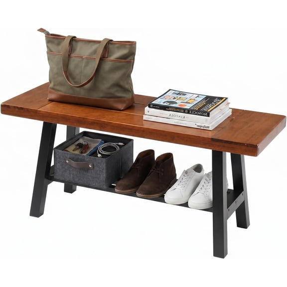 LEHOME 40in Storage Bench, Solid Wood Seat with Metal Storage Shelf, Weather Resistant High Capacity Indoor Outdoor Dining Benches, Sturdy Shoe Rack Bench for Entryway Mudroom Porch