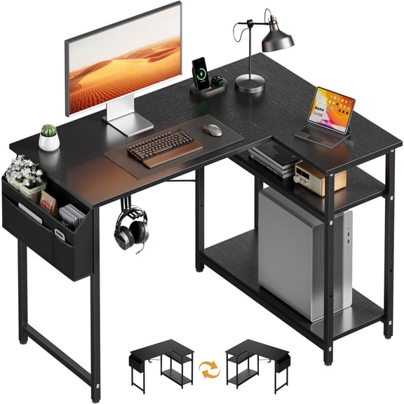 LEHOME 43 Inch Reversible Corner Desk with Storage Bag, Small L-Shaped Gaming Desk with Storage Shelves, Computer Table for Bedroom, Living Room or Work Area (Black)