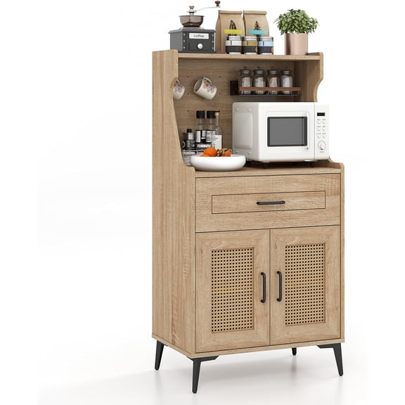 LEHOME 45.5 Kitchen Pantry Cabinet, Buffet Sideboard w/Hutch, PVC Rattan Door, DIY Pegboard, Drawer, Adjustable Shelf, Metal Legs, Microwave Stand, Wood Storage Cabinet for Coffee Bar Kitchen (Oak)