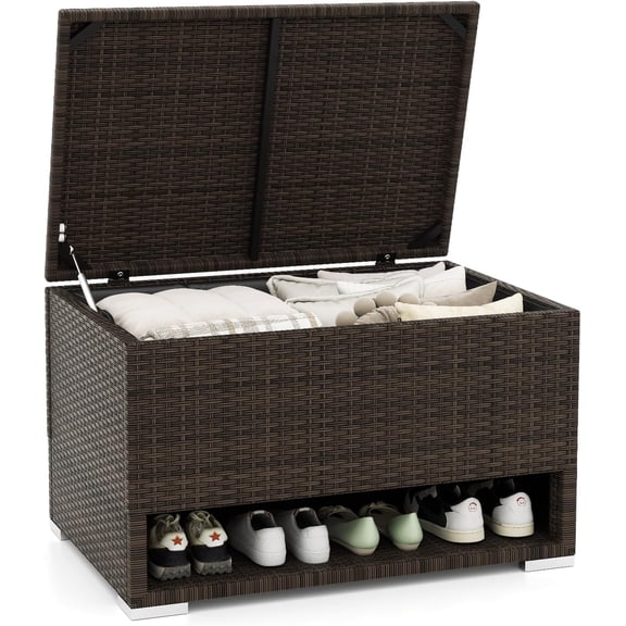 LEHOME 48 Gallon Rattan Outdoor Storage Box with Shoe Rack, Outdoor Storage Bin with Protective Liner, PE Wicker Deck Box for Patio Cushion Furniture, Pool Supplies and Garden Tools (48 Gallon)