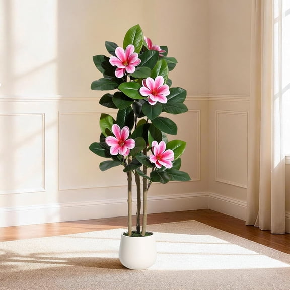 LEHOME 4FT Artificial Fiddle Leaf Fig Tree with Magnolia Flowers, Faux Rubber Tree Floor Plant in White Planter, Realistic Fake Tree for Indoor Home Office Living Room Entryway Decor