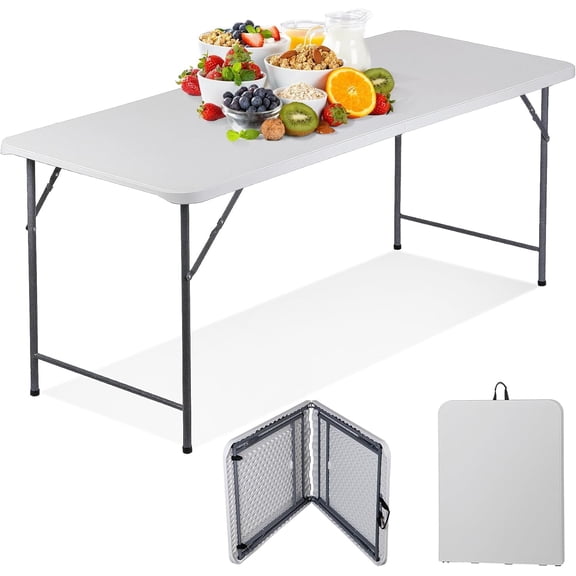 LEHOME 4FT Plastic Folding Table, Indoor Outdoor Portable Fold-in-Half Dining Picnic Table w/Carrying Handle for Picnic, Party, Camping,Office, White