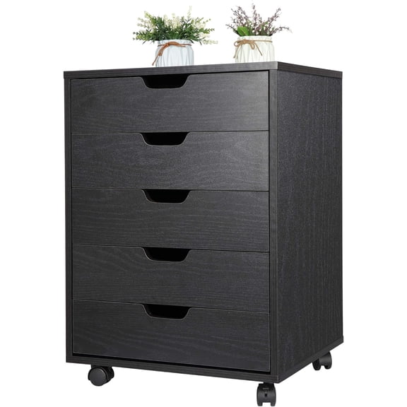 LEHOME 5-Drawer File Cabinet - Vertical Mobile Filing Cabinet w/Wheels,Under Beside Desk Chest Storage Printer Stand for Home Office,Black